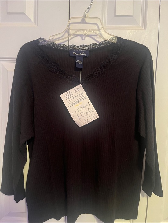 Denim&Co Tops - Denim & Co Women's Black Lace-Trim Ribbed Top Size Large NWT